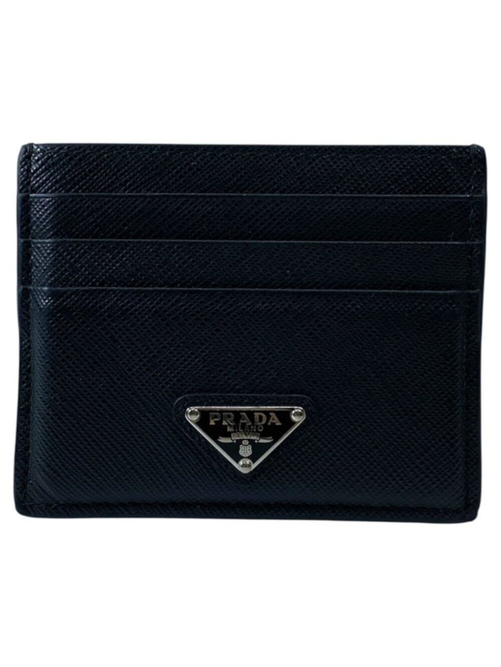 Prada Saffiano Card Case Triangle Logo Leather Black Silver